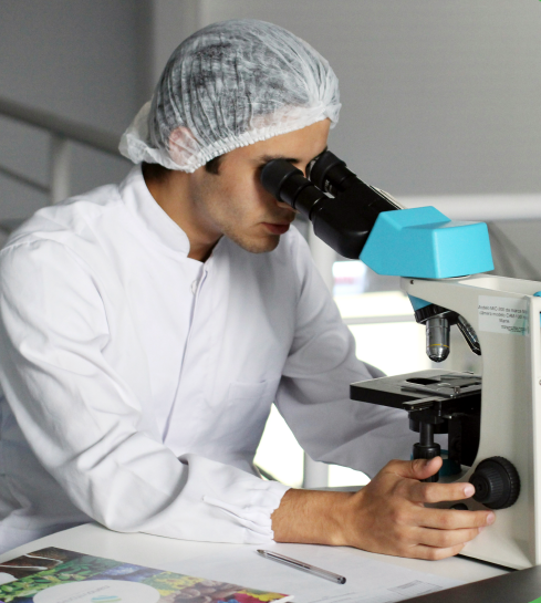 Scientist using microscope